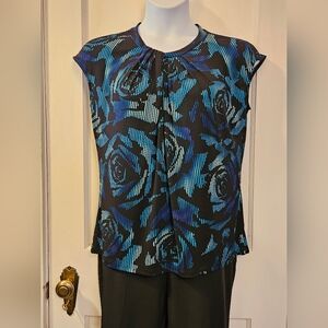 Worthington Floral Blue and Black Women's Top Size Large